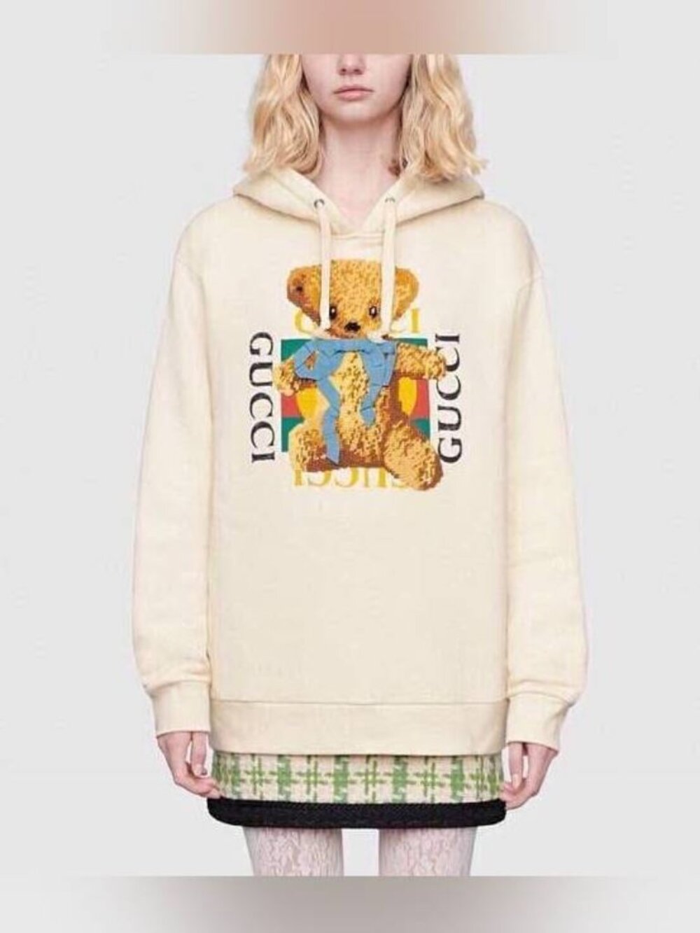 Gucci Ivory Embroidered-Bear Cotton French-Terry Logo Hoodie